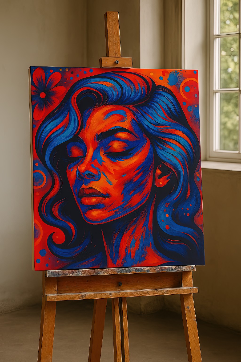 Chromatic Reverie original medium image showing an unfinished acrylic portrait on canvas, resting in a softly lit artist studio with natural light and textured walls.