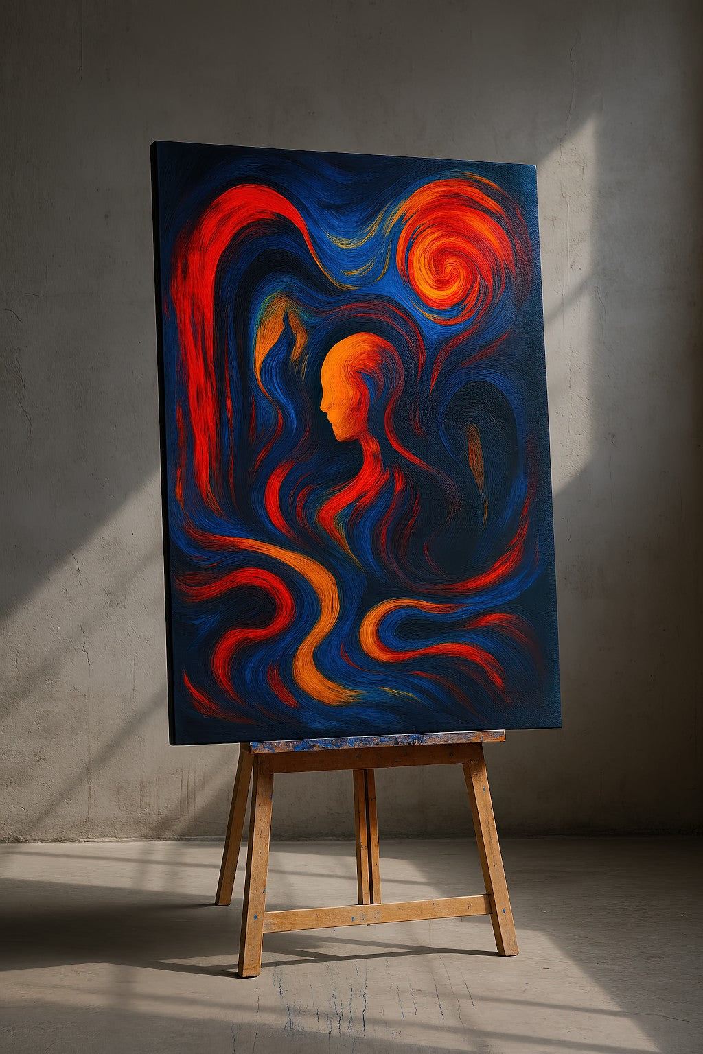 nheritance of Fire artwork displayed on an easel in an artist’s studio. The large-scale acrylic painting features a surreal silhouette surrounded by flowing strokes of red, orange, and deep blue. Set against a raw concrete wall with soft side lighting, the image captures the energy and texture of the work in progress, emphasizing its bold, dreamlike composition.