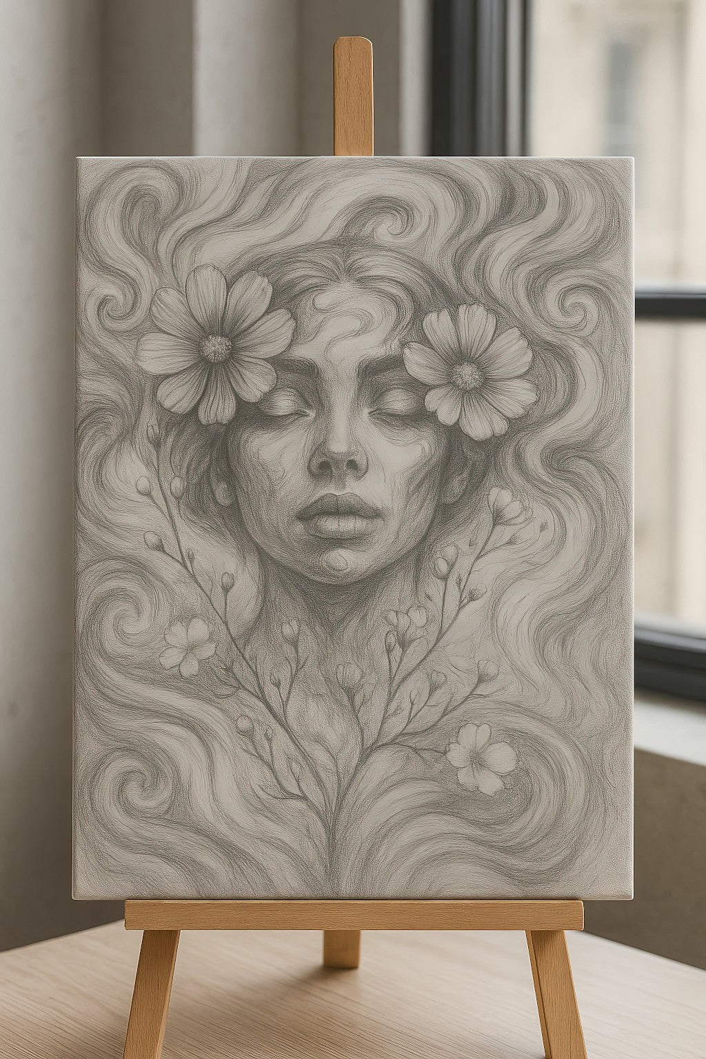 Inner Veil shown as a graphite pencil sketch on canvas, resting on a wooden easel near a window. Soft natural light highlights the emerging surreal portrait, capturing the early stages of the artwork's creation with delicate lines and floral contours in a minimalist studio setting.
