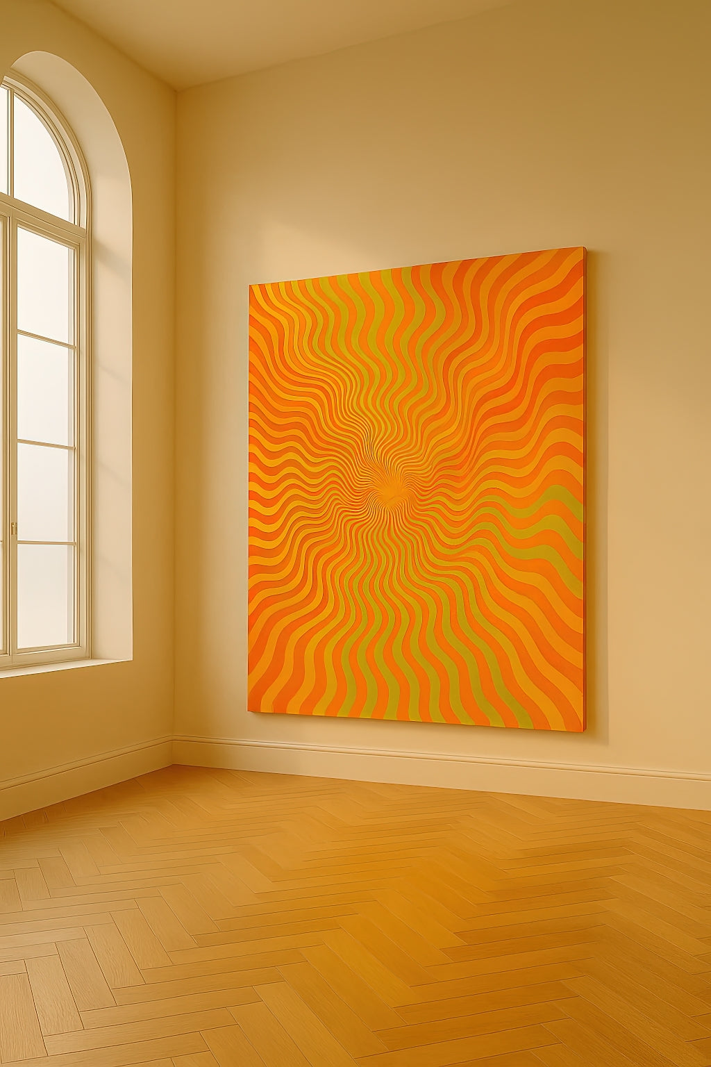 Solar Lucidity original medium artwork shown in a minimalist sunlit room with tall window — vibrant abstract Lucid acrylic with orange, yellow, and green waves.