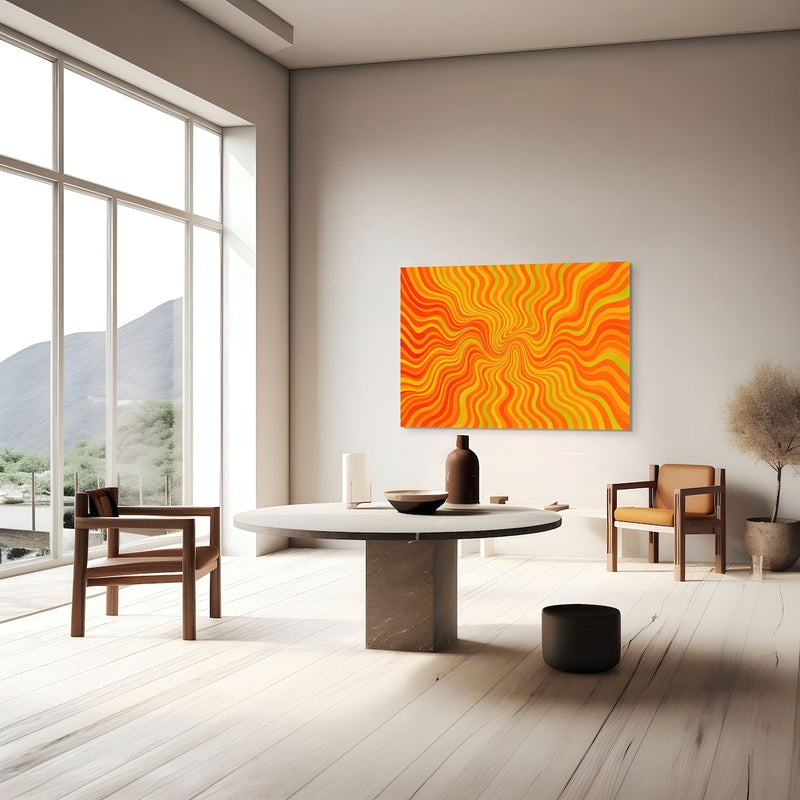 Bright orange abstract artwork 'Solar Lucidity' displayed in a sunlit minimalist room with neutral furniture and mountain views.