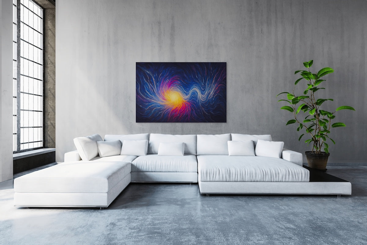 Modern abstract wall art in luxury interior with bold colors and clean lines, showcasing Gravity Bloom in a contemporary white room."