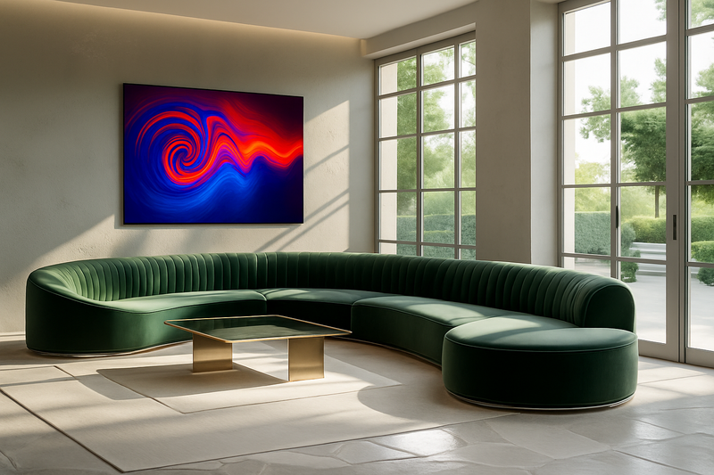 Crimson Current artwork mounted in a contemporary gallery-style living room with soft natural light, sculptural green sofa, and elegant minimalist decor — showcasing 2025 interior design trends.