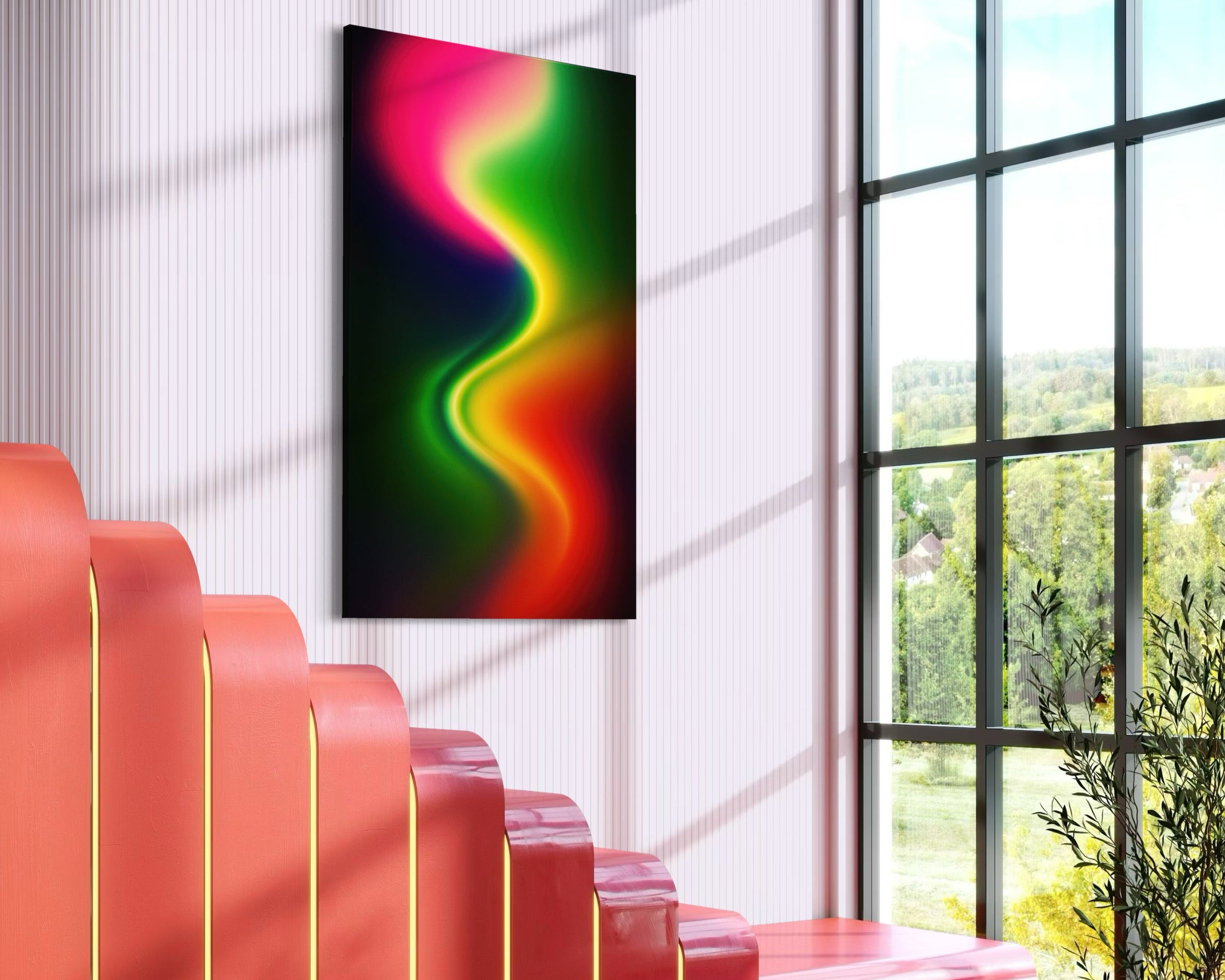 Acrylic wall art titled "Rhythmic Pulse" by Modern Lucid, featuring vibrant flowing gradients of pink, green, and red, displayed in a modern sunlit interior with sculptural red staircase seating and floor-to-ceiling windows overlooking lush greenery.   
