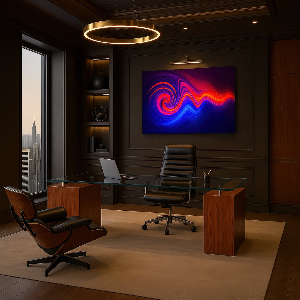 Crimson Current artwork displayed in a luxurious modern CEO office with a glass desk, zebra wood accents, and city skyline view, showcasing bold acrylic colors.