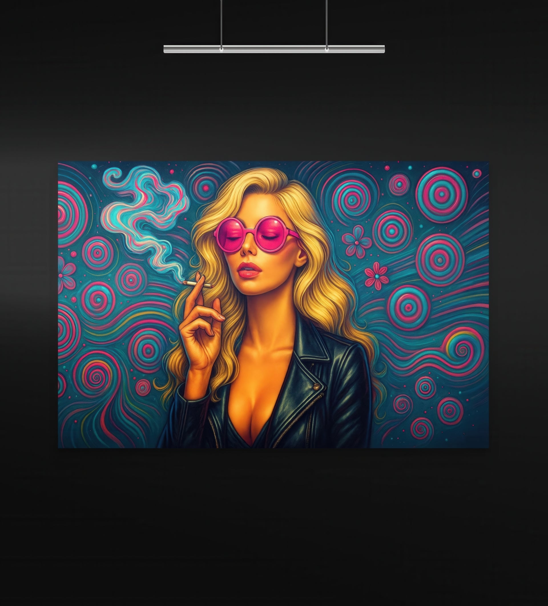 Captive Allure artwork displayed in a modern black gallery under focused overhead lighting. The portrait features a glamorous blonde woman in pink sunglasses and a black leather jacket, exhaling swirling psychedelic smoke against a teal and magenta spiral backdrop. The composition combines pop art attitude with surreal visual rhythm in a horizontal format.