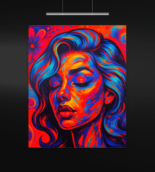 Chromatic Reverie artwork displayed in a modern gallery setting with dark charcoal walls and overhead lighting. The portrait features a vibrant woman with closed eyes, rendered in vivid strokes of electric blue, crimson, and violet, with glowing orange highlights. The piece radiates psychedelic energy and emotional depth in a square composition.