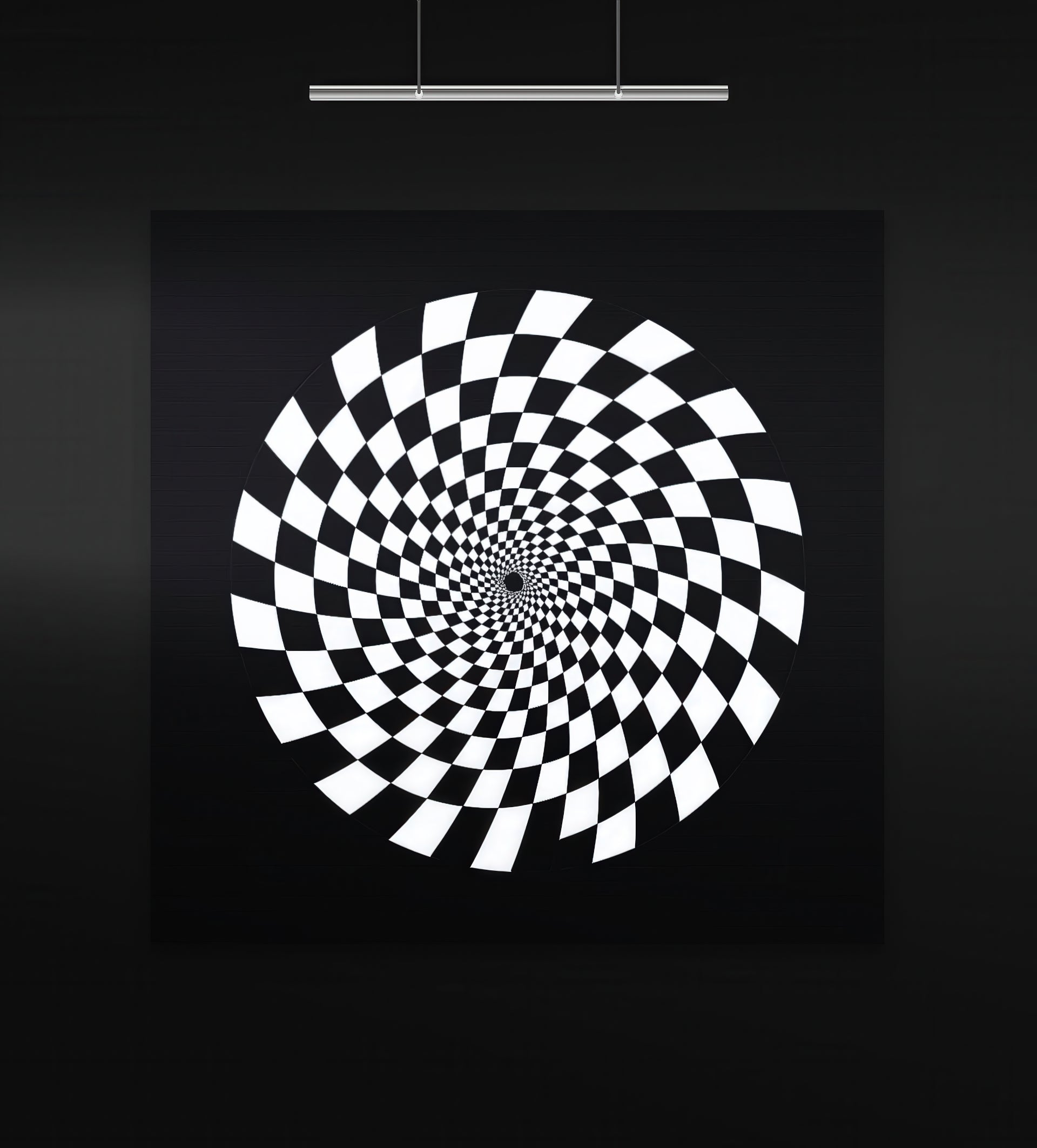 Gravity Bloom (Black & White) artwork displayed in a modern gallery with matte black walls and overhead lighting. The square composition features a spiraling checkerboard illusion in bold black and white, creating a hypnotic, vortex-like motion. The minimalist contrast amplifies the optical energy and geometric precision of the piece.