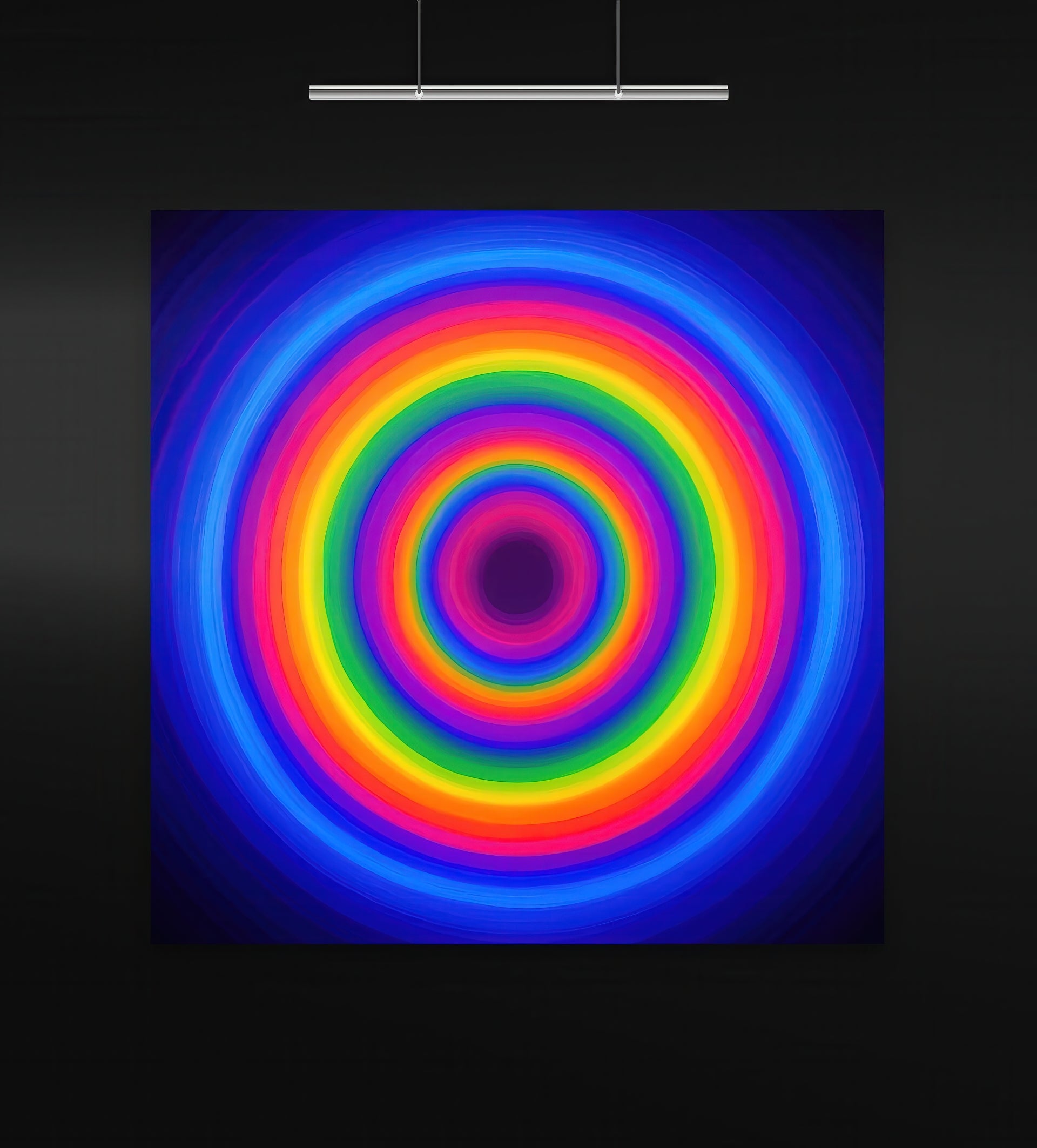Halo Within artwork displayed in a black-walled gallery with overhead lighting. The piece features a series of glowing concentric rings in vivid rainbow hues—blue, pink, green, yellow, and orange—radiating outward from a central dark core. The design evokes a hypnotic pulse and optical depth in a square format.