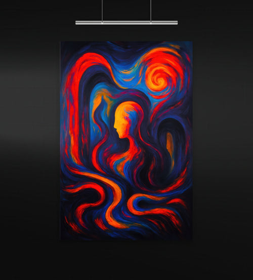 nheritance of Fire artwork displayed in a modern gallery with matte black walls and overhead lighting. The portrait depicts a golden faceless figure emerging from swirling waves of red, orange, and indigo, surrounded by cosmic spirals and flame-like patterns. The vertical composition conveys a sense of mythic energy, motion, and introspection.