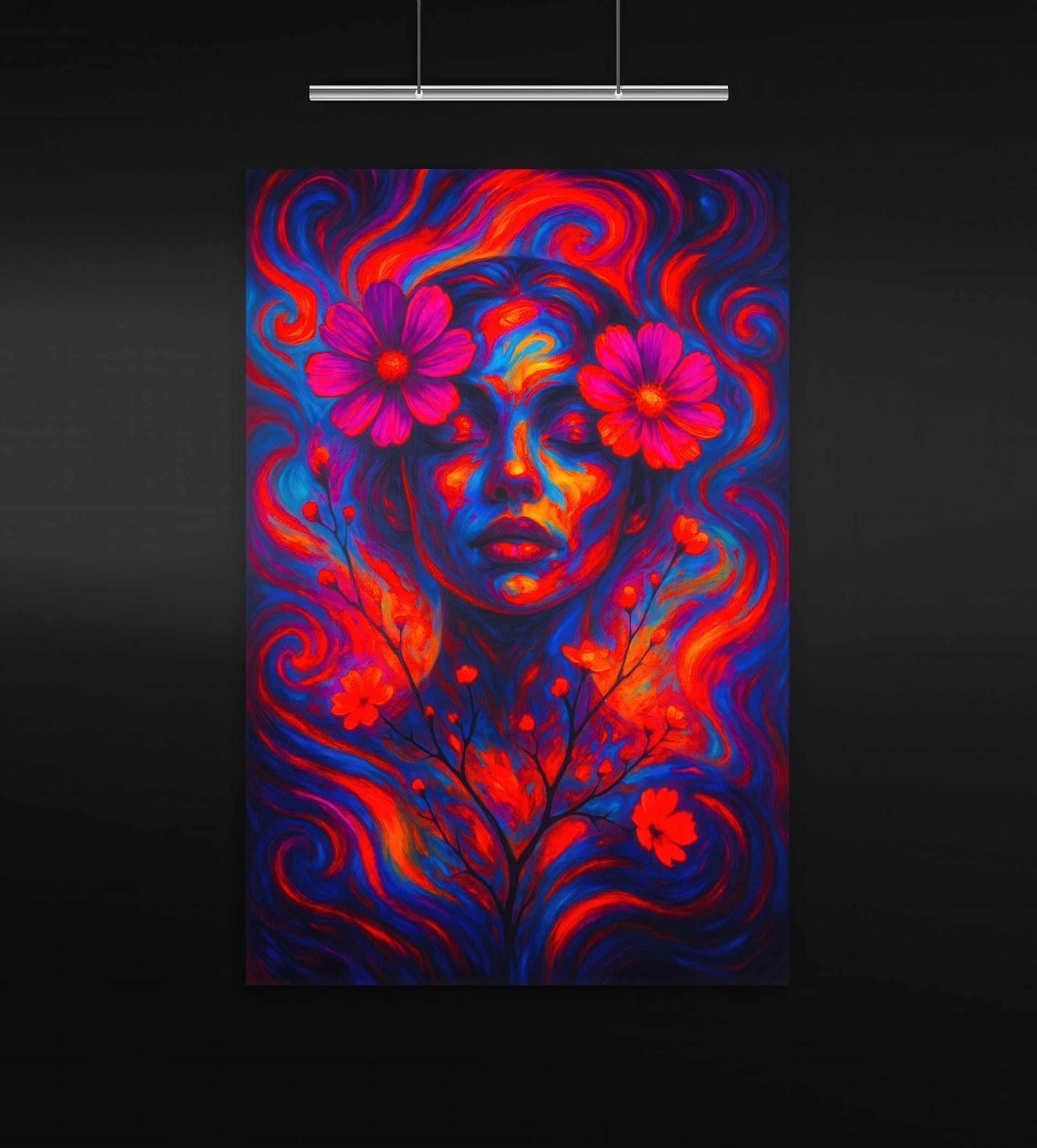 Inner Veil artwork displayed in a minimalist black gallery with directional overhead lighting. The portrait shows a tranquil female face with eyes closed, surrounded by flowing crimson and violet waves of hair. Bright pink flowers bloom from her temple and chest, radiating energy and surreal beauty in a vibrant vertical composition.