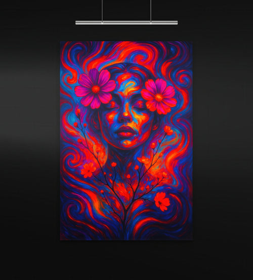 Inner Veil artwork displayed in a minimalist black gallery with directional overhead lighting. The portrait shows a tranquil female face with eyes closed, surrounded by flowing crimson and violet waves of hair. Bright pink flowers bloom from her temple and chest, radiating energy and surreal beauty in a vibrant vertical composition.