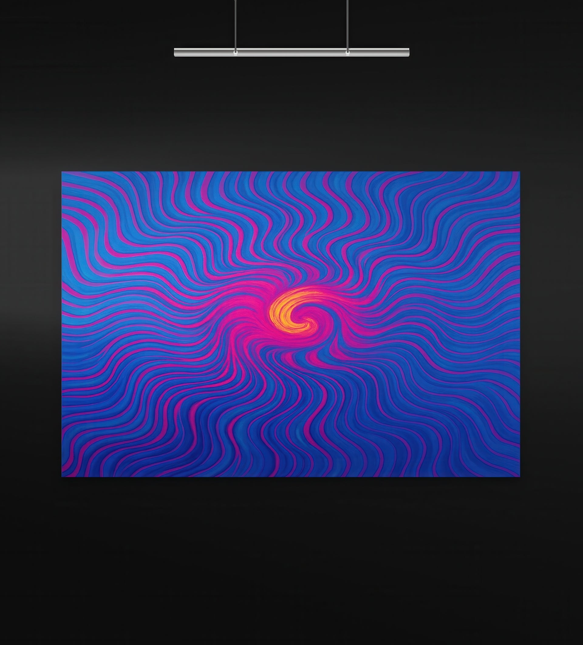 Lucid Flow artwork displayed in a contemporary black-walled gallery under clean overhead lighting. The composition features a swirling wave of electric blue, magenta, and fiery orange radiating from the center, creating a hypnotic optical rhythm. The vibrant gradients and soft curves evoke fluid motion and psychedelic calm in a horizontal format.