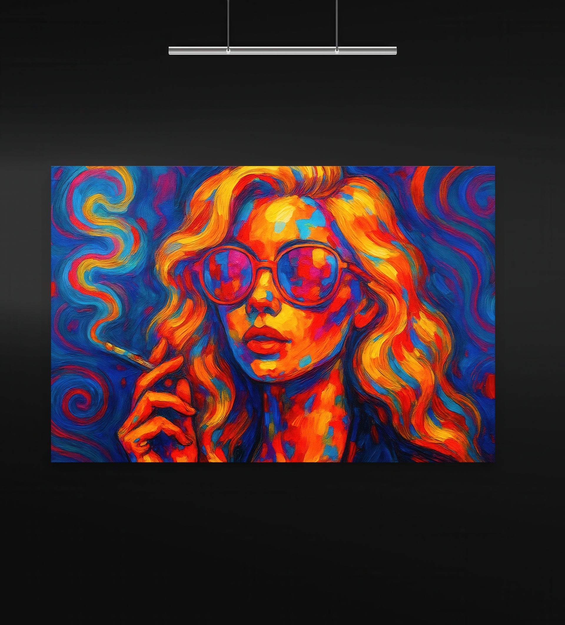 Lucid Siren artwork displayed in a contemporary gallery with matte black walls and spotlight overhead. The portrait features a bold blonde woman in oversized pink sunglasses, surrounded by swirling psychedelic smoke. Her face is rendered in saturated red, orange, and electric blue tones, creating a vibrant, surreal pop-art aesthetic.