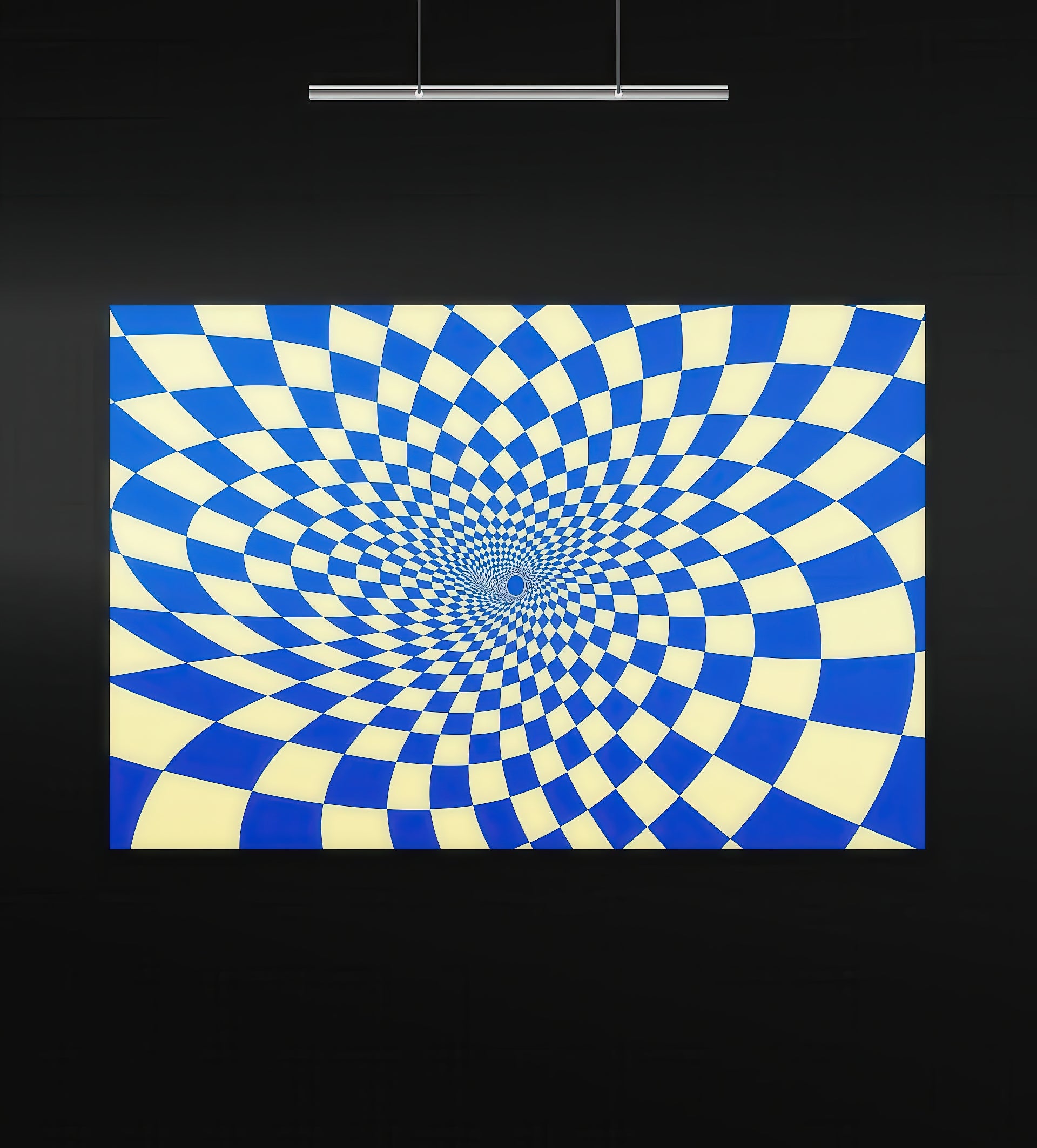 Luna Parallax artwork displayed in a minimalist black-walled gallery under overhead lighting. The piece features a hypnotic blue and cream checkerboard spiral, expanding outward in a warped, optical illusion pattern. The composition evokes movement and depth, blending geometric precision with psychedelic energy in a horizontal format.