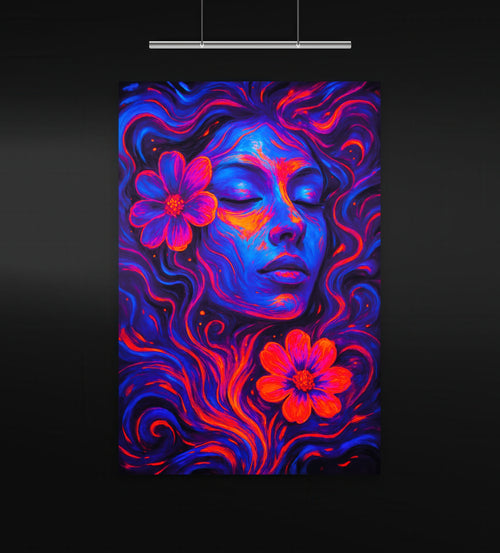 Reverie Adrift artwork displayed in a sleek, black-walled gallery under a minimalist overhead light. The portrait depicts a serene female face with closed eyes, framed by luminous violet and crimson waves of hair. Two glowing magenta flowers float within the composition, enhancing the dreamlike, psychedelic energy in this vertical piece.