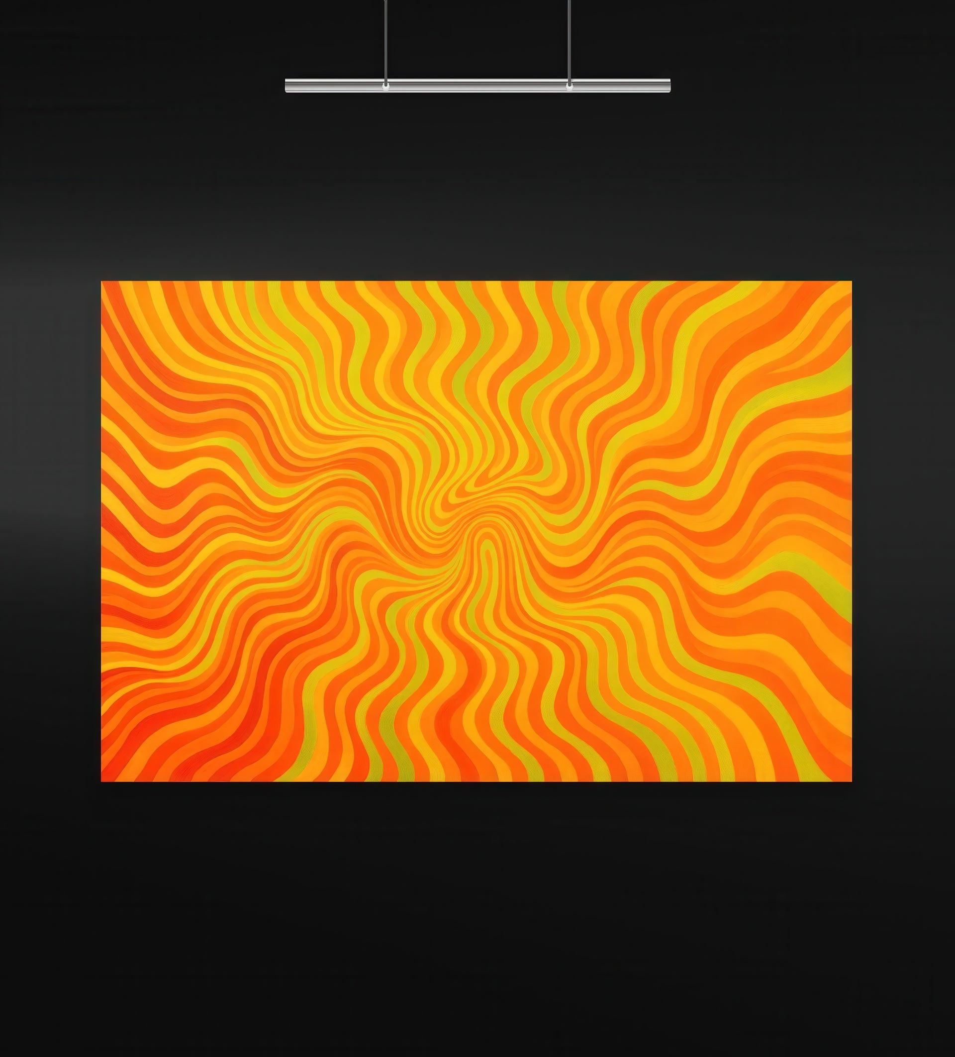 Solar Lucidity artwork displayed in a black gallery space with overhead lighting. The piece features a swirling wave of radiant yellows, oranges, and soft greens forming a vibrant optical vortex. The psychedelic flow and warm gradient transitions evoke solar energy and movement in a horizontal format.