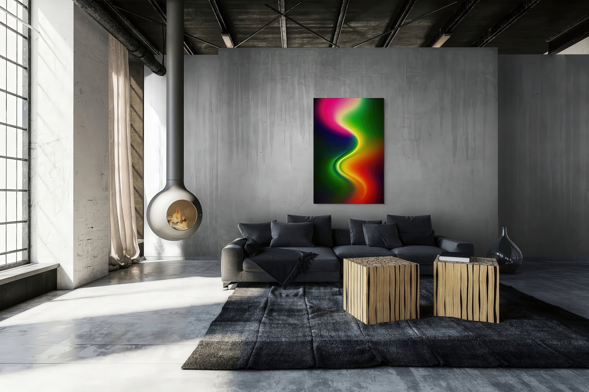 Rhythmic Pulse by Modern Lucid displayed in a luxury modern living room — large, colorful abstract wall art with fluid energy and bold gradients.