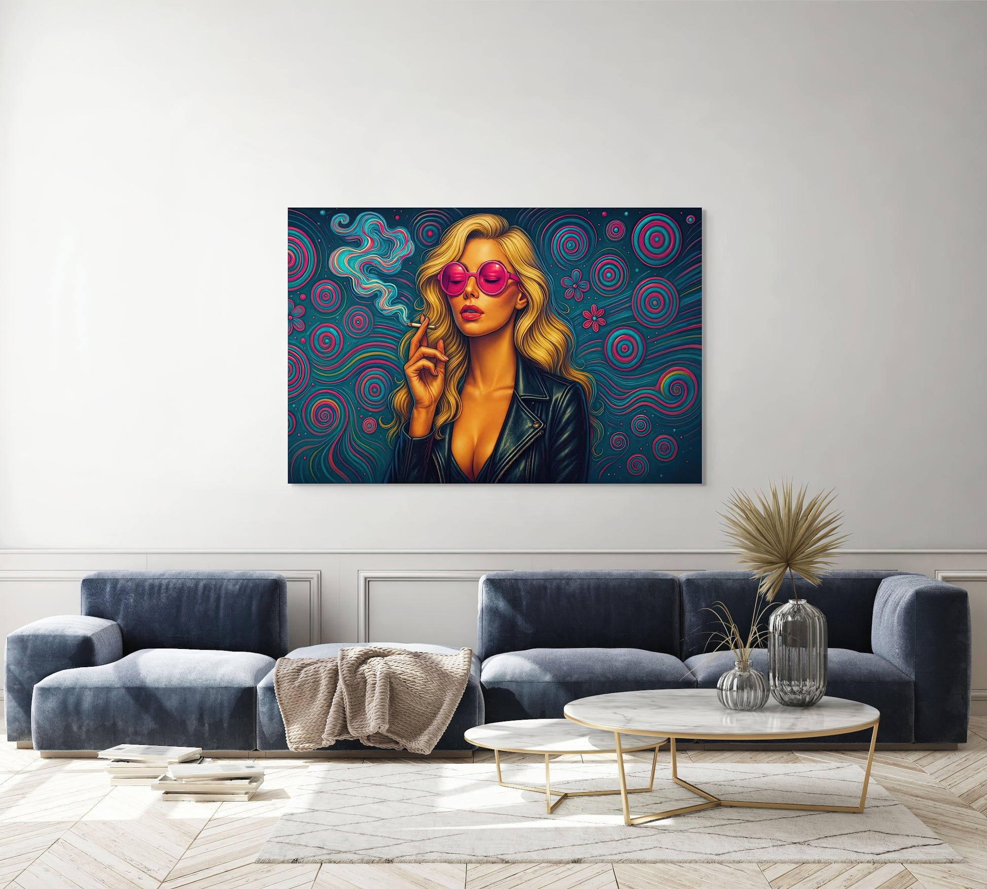 Captive Allure artwork displayed above a modern velvet sofa in a luxury living room with natural lighting and neutral-toned decor.