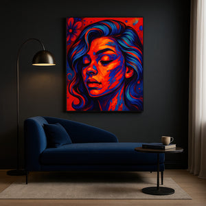 Chromatic Reverie artwork displayed in a luxurious black-walled interior with a velvet blue chaise and floor lamp. The portrait radiates bold color and serene intensity, perfectly scaled above a minimalist side table in soft natural light.