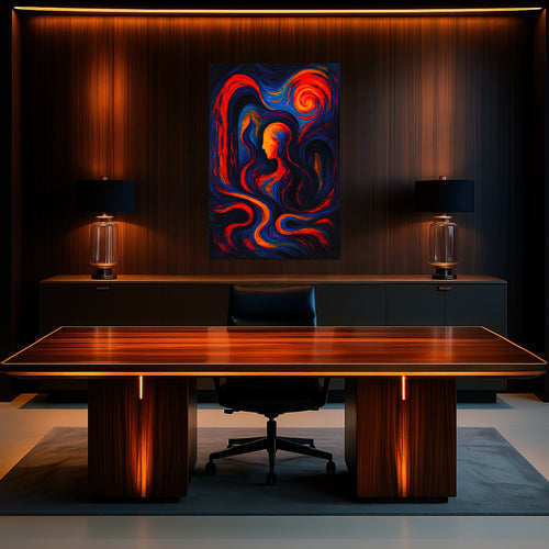 Inheritance of Fire artwork displayed above a modern wood executive desk in a luxury office. The surreal acrylic piece features a glowing orange silhouette surrounded by flowing red, blue, and gold brushstrokes. Set against a dark paneled wall with warm ambient lighting, the float-mounted artwork adds emotional depth and visual energy to the refined interior.