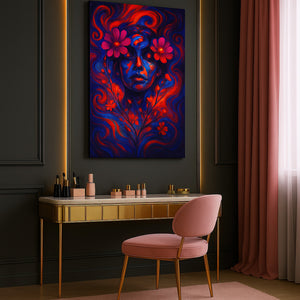 Inner Veil artwork displayed above a gold-accented vanity in a luxurious blush and charcoal room. The surreal portrait glows with vibrant floral energy, centered between soft drapes and illuminated by warm vertical lighting, perfectly balanced in scale and mood.