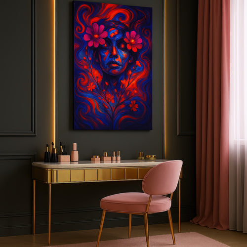 Inner Veil artwork displayed above a gold-accented vanity in a luxurious blush and charcoal room. The surreal portrait glows with vibrant floral energy, centered between soft drapes and illuminated by warm vertical lighting, perfectly balanced in scale and mood.