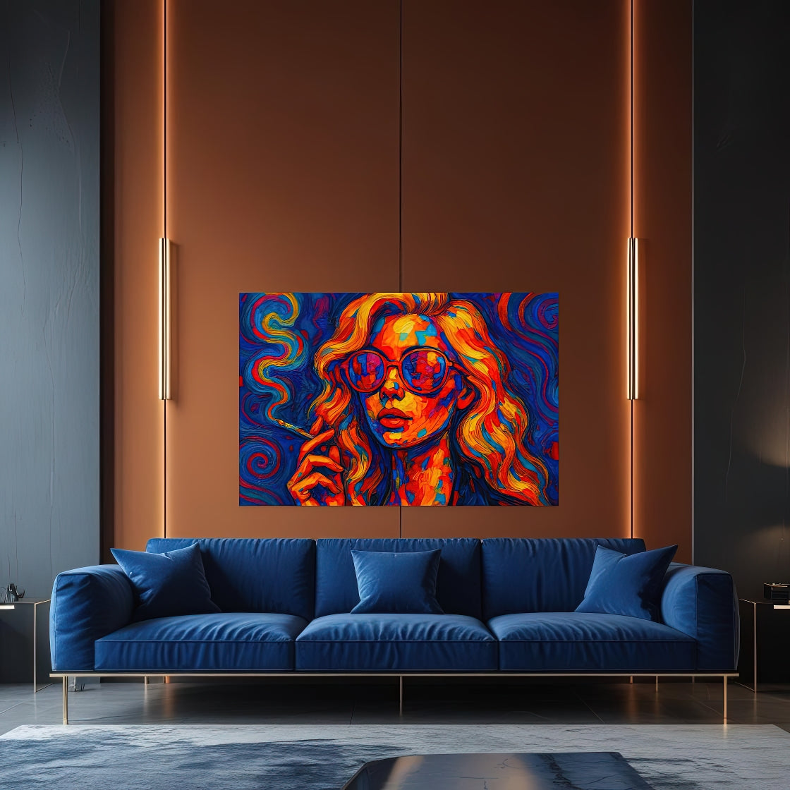 Modern living room with burnt orange walls and a deep blue velvet sofa, showcasing the Lucid Siren acrylic print — a bold psychedelic portrait glowing with neon reds, blues, and golds