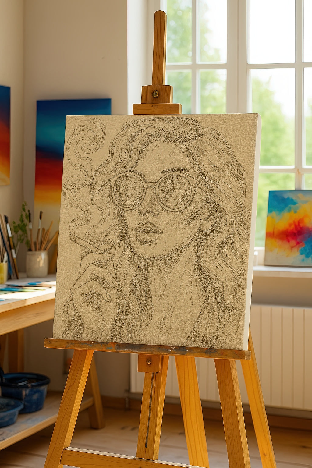 Pencil sketch of Lucid Siren on canvas in an artist’s studio, displayed on a wooden easel with soft daylight and painting supplies in the background