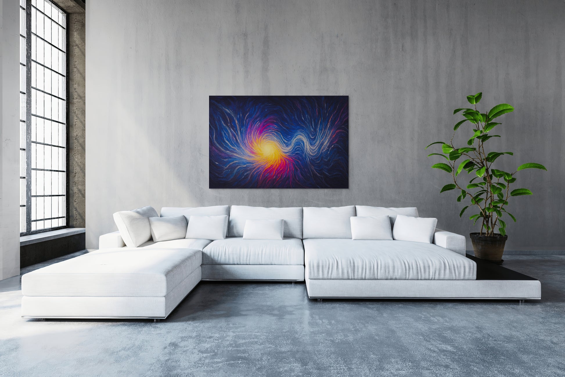 Luminous Threshold artwork displayed above a white sectional in a modern concrete-walled living room, showcasing radiant swirling colors and abstract motion.