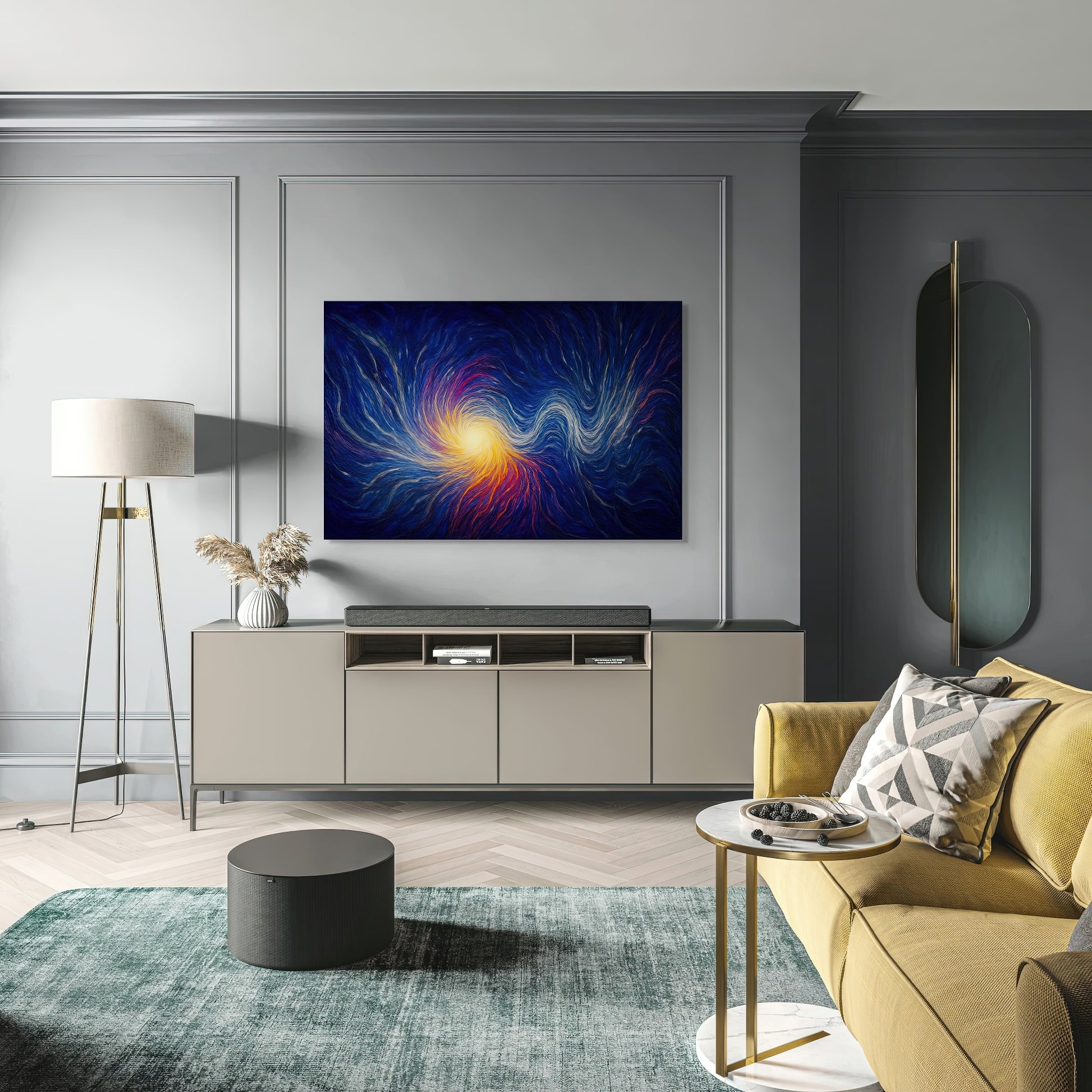 Luminous Threshold artwork displayed above a minimalist gray console in a refined living room with paneled gray walls, soft lighting, and a yellow velvet sofa.