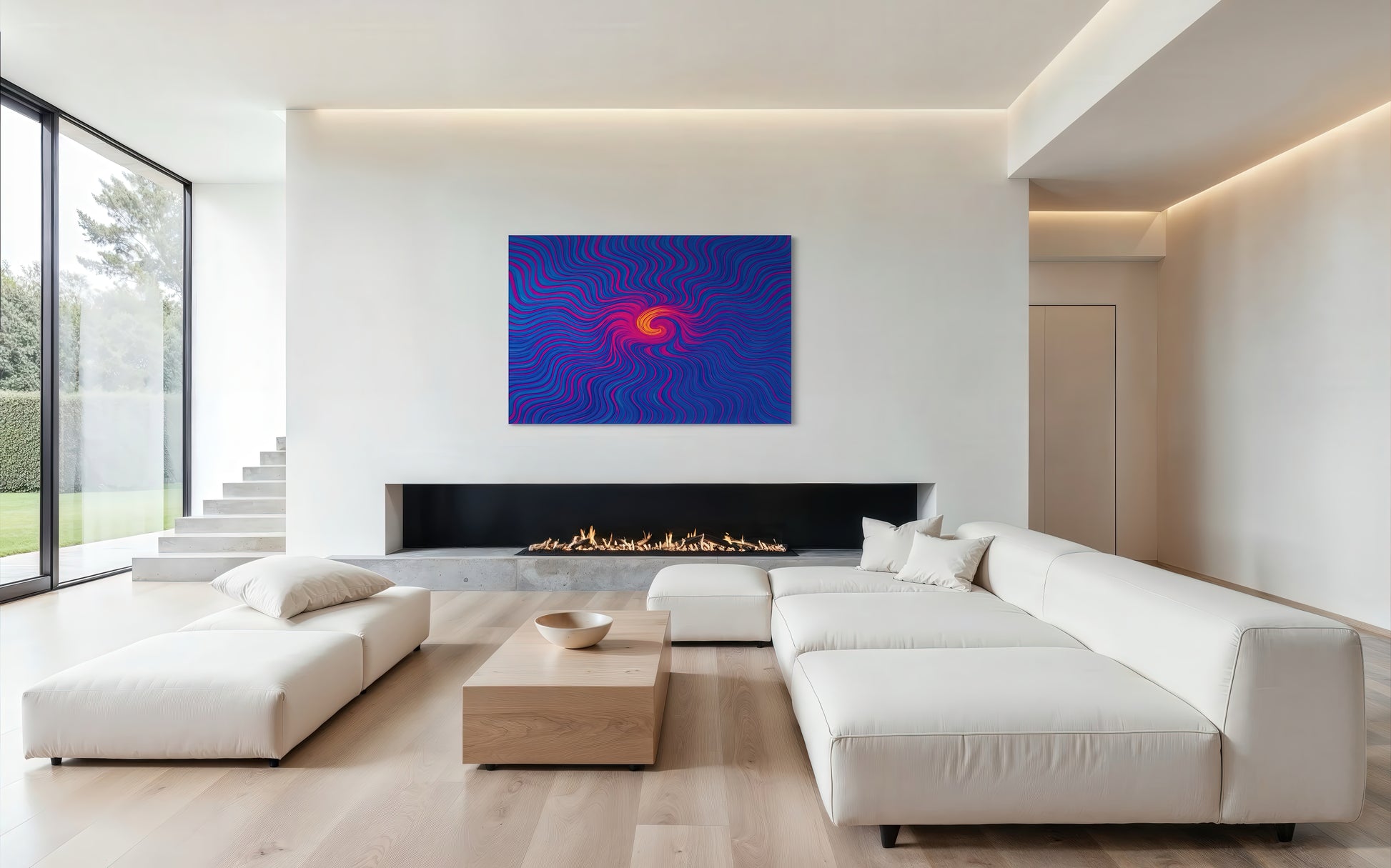Lucid Flow artwork displayed above a modern stone fireplace in a high-end living room. The swirling violet, magenta, and electric blue gradients radiate against soft gray walls and minimalist decor, creating a bold yet meditative focal point.