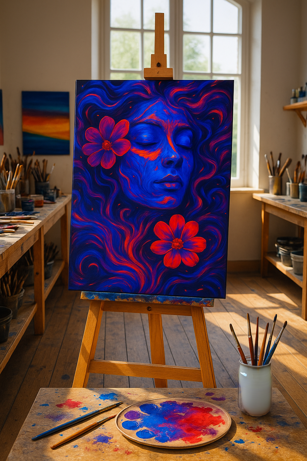 Reverie Adrift artwork displayed on a wooden easel in a naturally lit artist studio. The vivid portrait features swirling blue and magenta tones with bright floral accents, surrounded by brushes, paint jars, and a palette that match the artwork's colors. Warm sunlight fills the room, highlighting the texture and color harmony.


