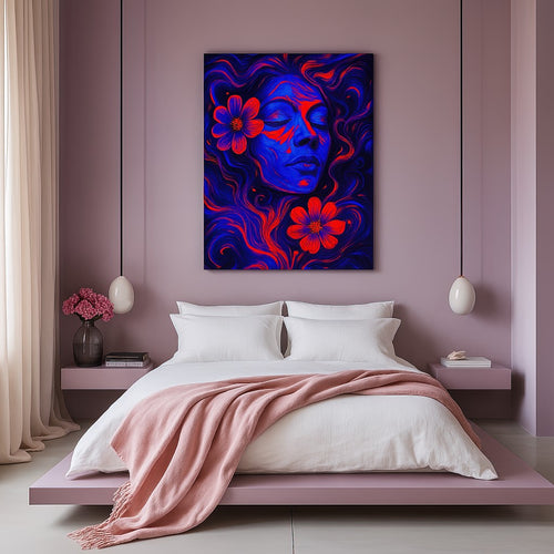 Reverie Adrift artwork displayed above a modern platform bed in a soft purple bedroom. The portrait features luminous violets and crimsons with floral accents, enhancing the tranquil, surreal atmosphere of the space.

