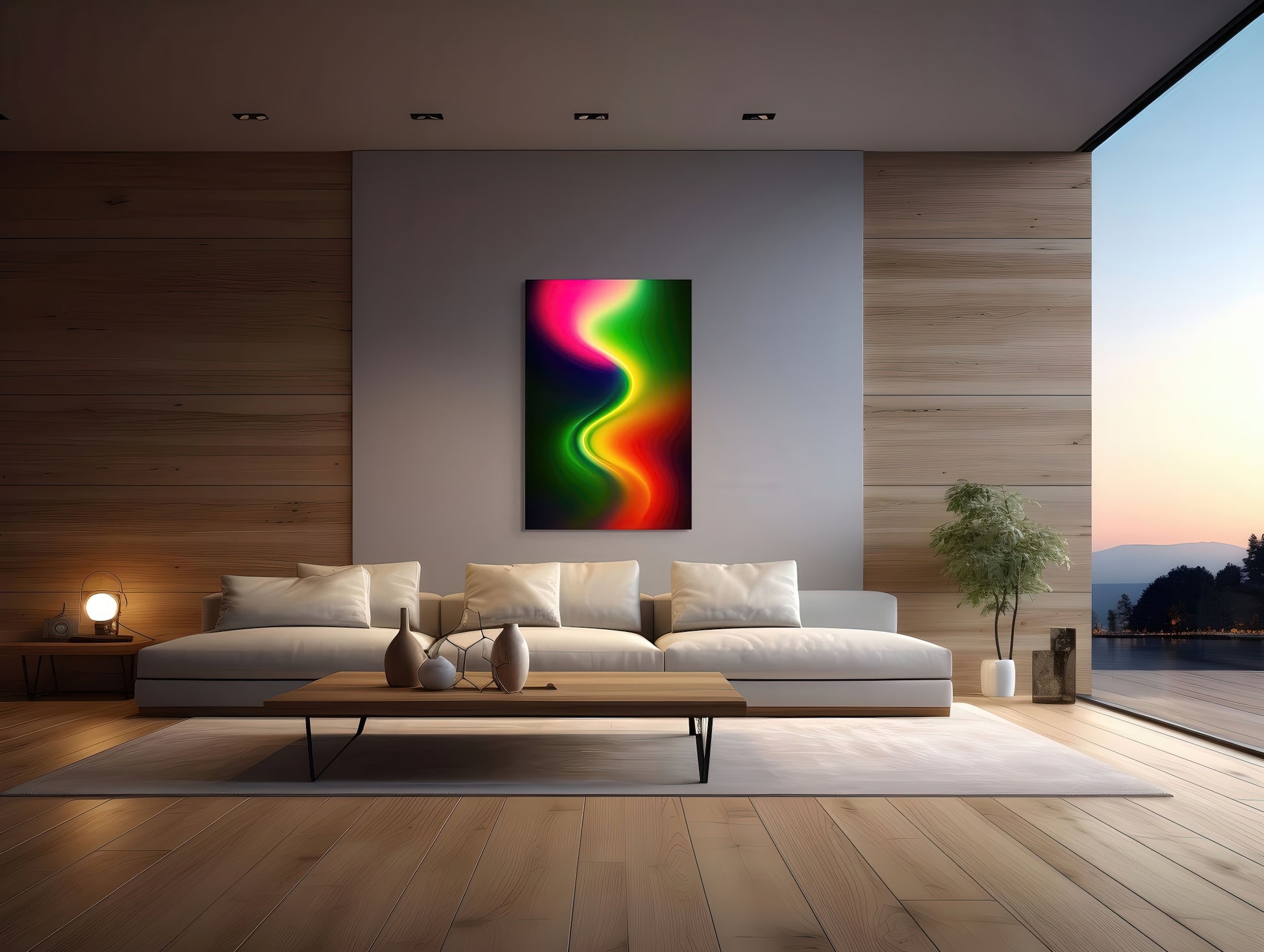 Rhythmic Pulse artwork displayed in a minimalist luxury living room with light wood walls and modern white sofa, showcasing vibrant neon color flow on acrylic print.