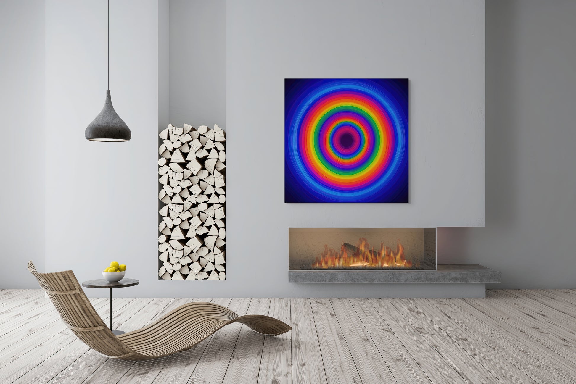 The Halo Within — a 40-inch square acrylic artwork with vivid concentric rings, displayed above a modern fireplace in a minimalist living space.